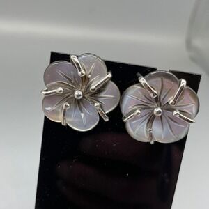 Vintage  Flower Stud Earrings Silver Tone Floral Iridescent